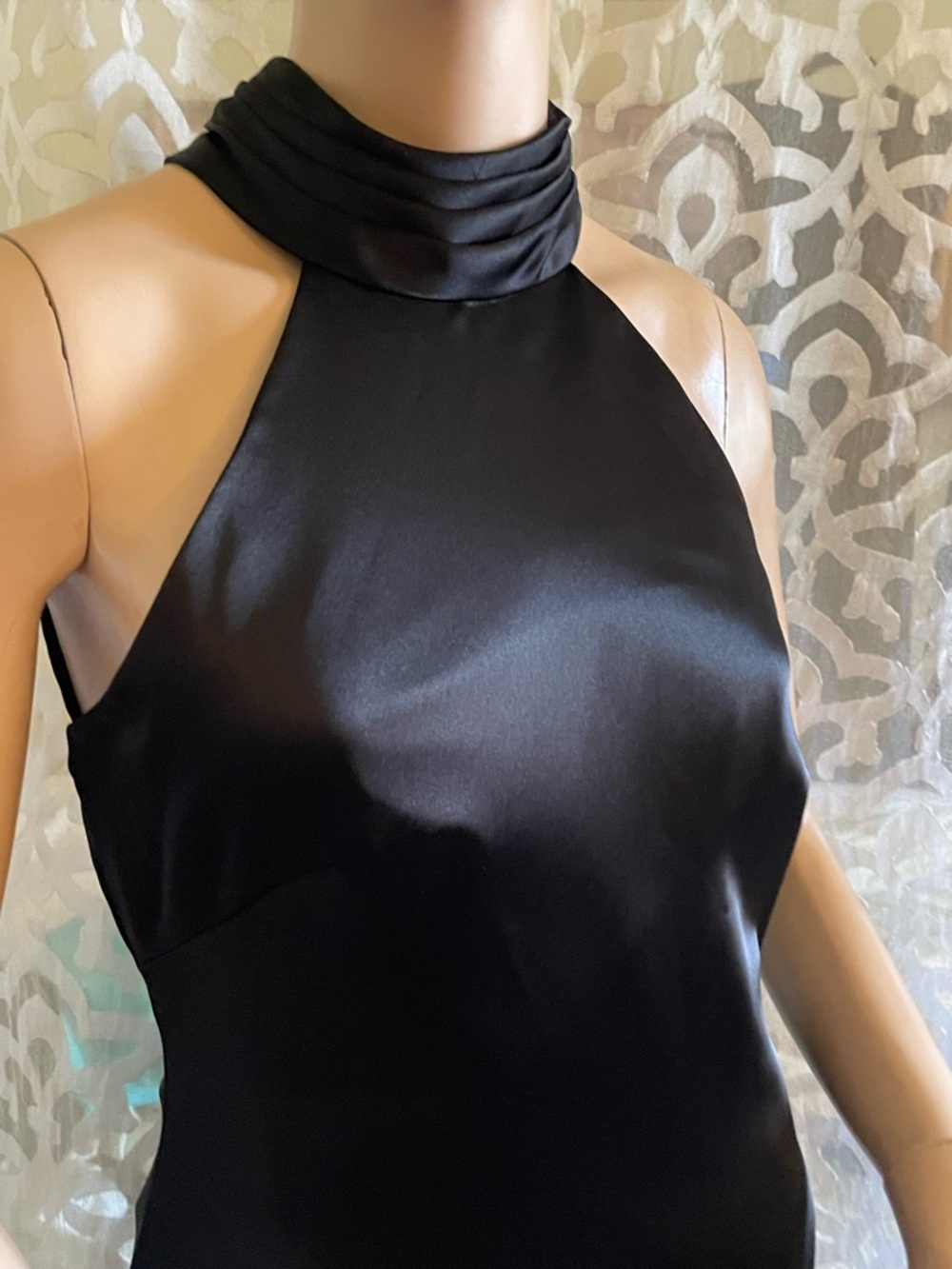 Xscape Evenings Black Halter Tie Neck Satin Sheath Gown size 4 - Picture 5 of 13